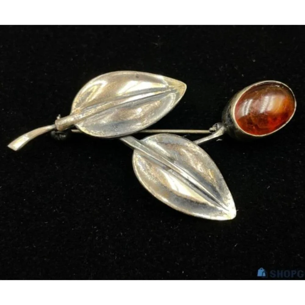 Carl Ove Frydensberg Brooch pin Sterling silver mid century Modern Denmark amber
